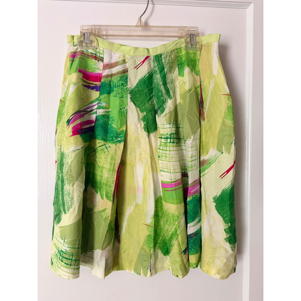 Beliza Womens 100% Silk Abstract Painterly Print Pleated Midi Skirt Green 10 - Picture 2 of 3